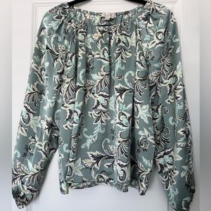LOFT Dusty Sage Scroll-Print Long Sleeve Blouse